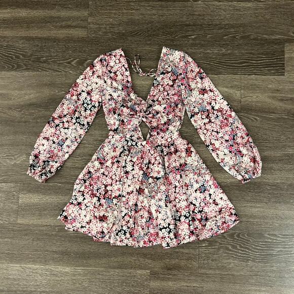 Michael Costello x REVOLVE Tabitha Dress XS Pink Floral Cutout Mini Long Sleeve - Picture 3 of 16